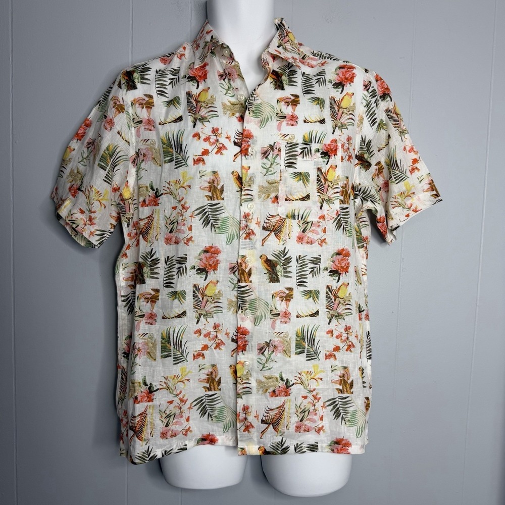 Club Room 100% Linen Luxury Short Sleeve Floral Print Camp Shirt Men's S